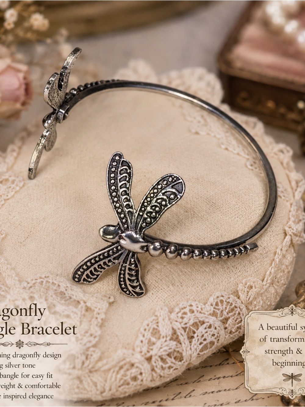 Silver Tone Dragonfly Bangle Bracelet - Elegant Women's Jewelry